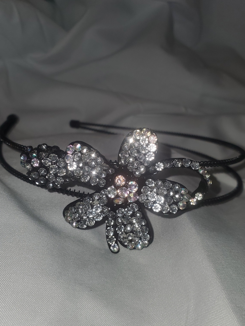 Black Flower Headband With Silver & Iridescent Rhinestones
